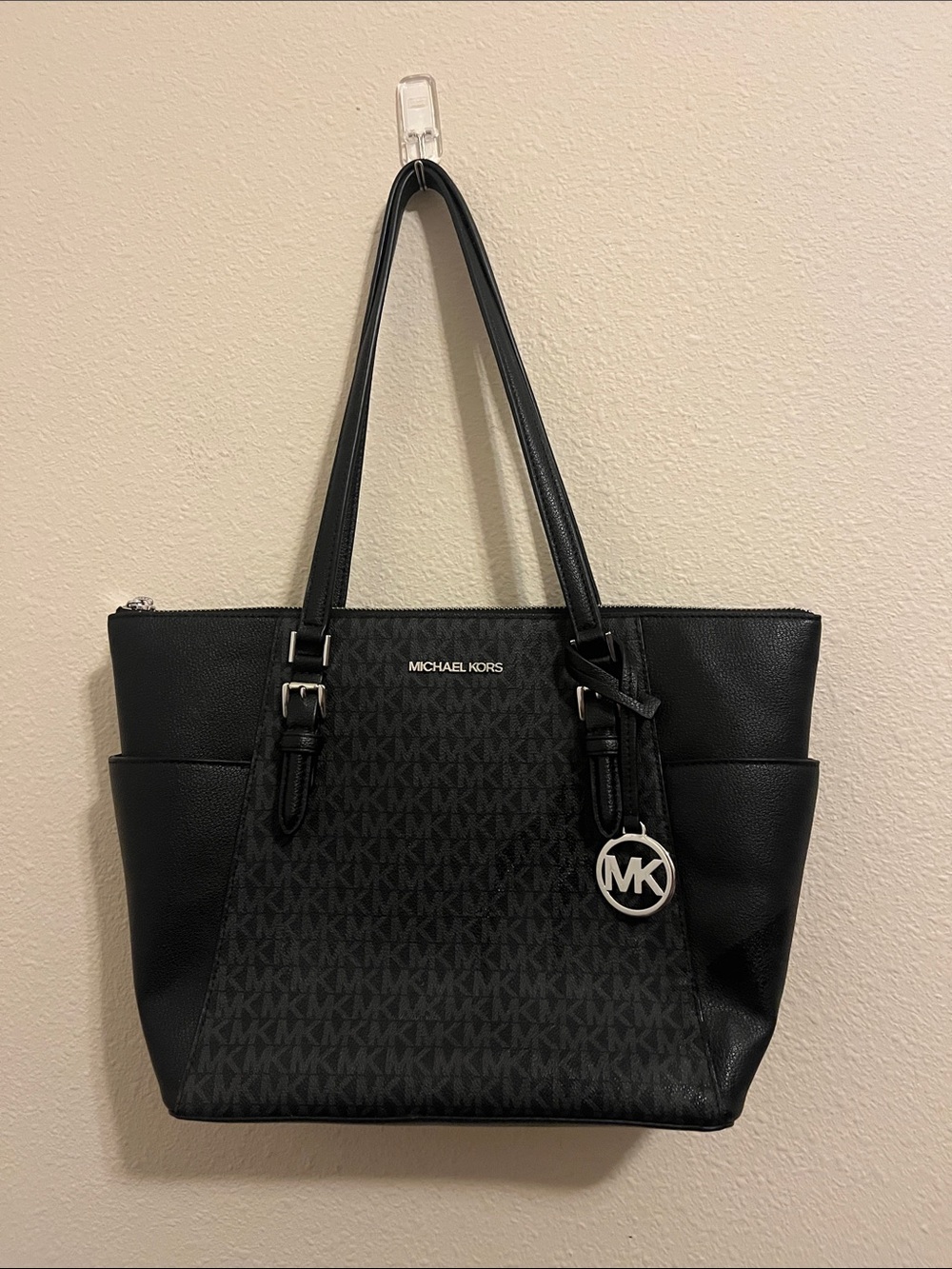 Michael Kors Charlotte Large Black Monogram Logo Top Zip Leather Tote Silver